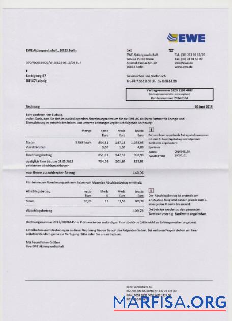 Realistic Germany EWE utility bill in PSD format download for verification